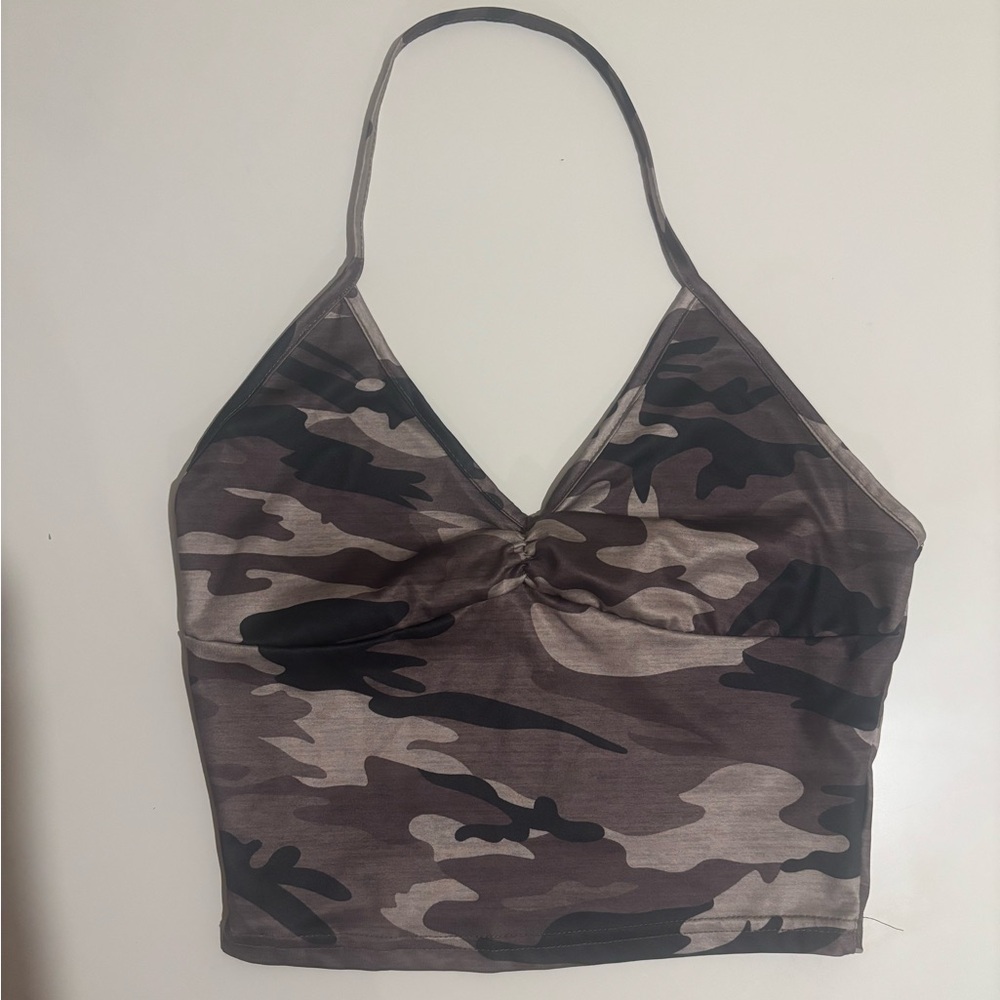 SHEIN Brown & Gray Camo Halter Crop Top